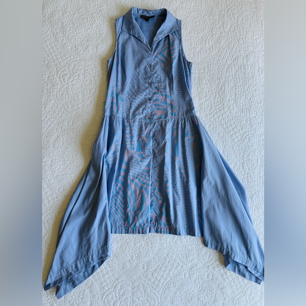 Lafayette 148 NY Blue Pinstripe Sleeveless Cotton Tie-Hem Asymmetrical Dress Sz6